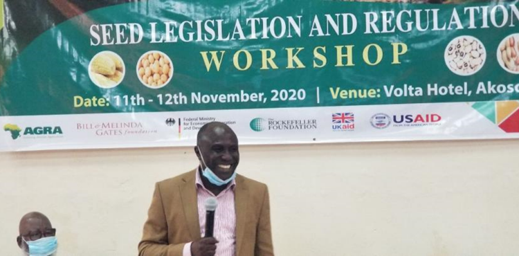 Mr. Forster Boateng AGRA Regional Head West Africa addresses participants at the Seed Legislation Workshop