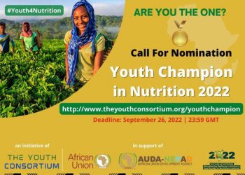 Youth4Nutrition banner with smiling young farmer in field calling nominations.