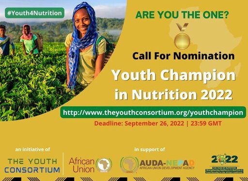 Youth4Nutrition banner with smiling young farmer in field calling nominations.
